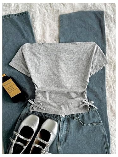 OYOANGLE Girl's Letter Print T Shirts Off The Shoulder Crop Tube Tops | Short Sleeve, Bow Side Ruched Tube, Party, Summer, Cute Preppy Clothes thumbnail 3