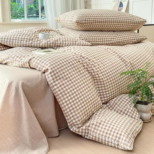 LifeTB Queen Comforter Set Tan Gingham Comforter Modern Style Beige Plaid Comforter Set 3 Pieces Fluffy Grid Checkered Comforter with 2 Pillowcases Boho Gingham Bedding Set Queen Size thumbnail 6