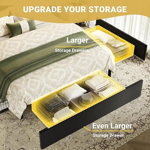 SHA CERLIN Queen Upholstered Platform Bed Frame with 3 Spacious Storage Drawers, Built-in LED Lights & Charging Station, Vertical Tufted Headboard with Shelf, No Box Spring Needed, Velvet Black thumbnail 4