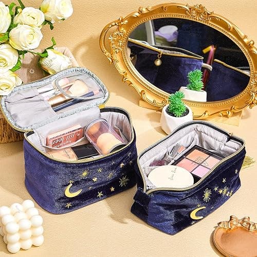 Patelai 2 Pcs Velvet Makeup Bag Moon Stars Cosmetic Bags Goth Embroidered Makeup Pouch Portable Travel Starry Pouch Toiletry Wash Bags Cute Storage Clutch Handbags for Women Gifts(Navy Blue) thumbnail 5