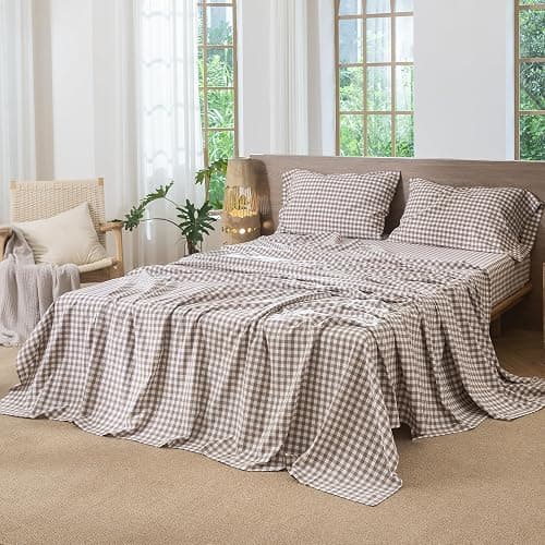 MooMee Gingham Sheet Set 100% Washed Cotton Linen Like Textured Breathable Soft w/Fully Elasticized 16-19" Deep Pocket (Classic Gingham Brown, Queen) thumbnail 9