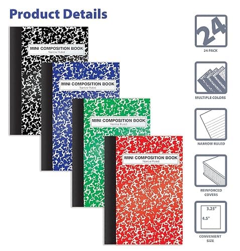 Better Office Products Mini Composition Books, 24 Pack, 4.5 x 3.25 inches, 80 Sheets, Narrow Ruled, Marble Covers in Red, Blue, Black, Green, 24 Pack thumbnail 3