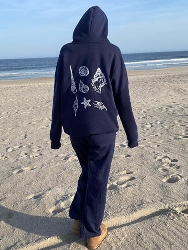 Yiulangde Women Teen Girls Cute Embroidered Flower Ocean Graphic Hoodies Coastal Preppy Long Sleeve Pocket Hoodie Sweatshirts - Conch Navy - Small thumbnail 6