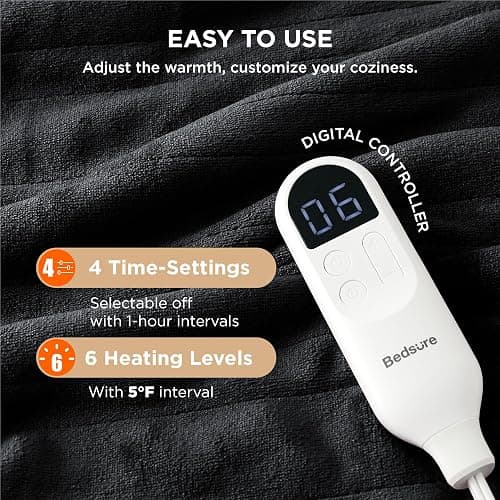 Bedsure Heated Blanket Throw Blanket - Fast Heating Electric Blanket, Soft Flannel Heated Throw with 4 Time Settings, 6 Heating Settings, Warm Gifts for Grandma Grandpa (50x60 inches, Black) thumbnail 5