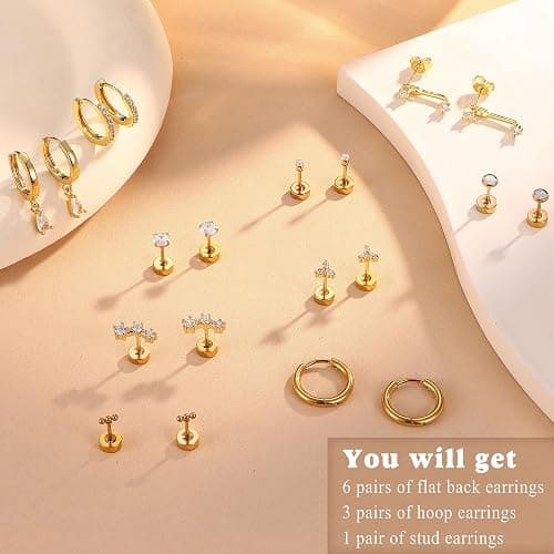 MILACOLATO Hypoallergenic Flat Back Earrings Gold Cartilage Earring Sets for Multiple Piercing 20G Surgical Stainless Steel Earrings for Women Trendy Earring Stacks Small Hoop Flatback Stud Earrings - Gold thumbnail 6