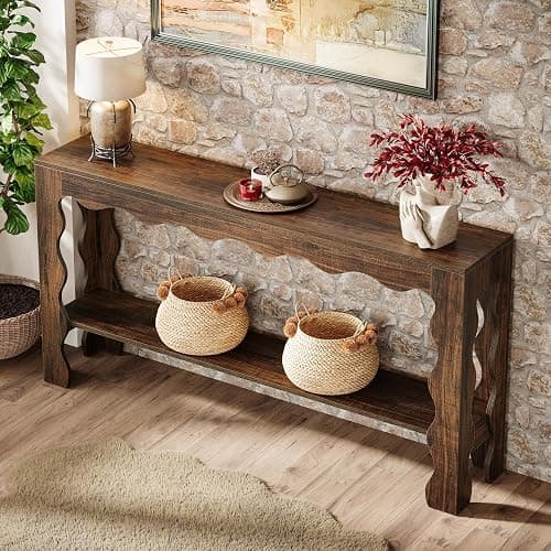 Tribesigns 63 Inch Entryway Table, Modern Rustic Entry Table with Scalloped Edge & Storage Shelf, Accent Narrow Long Sofa Table Behind Couch Console Tables for Entryway, Living Room, Dark Brown thumbnail 8