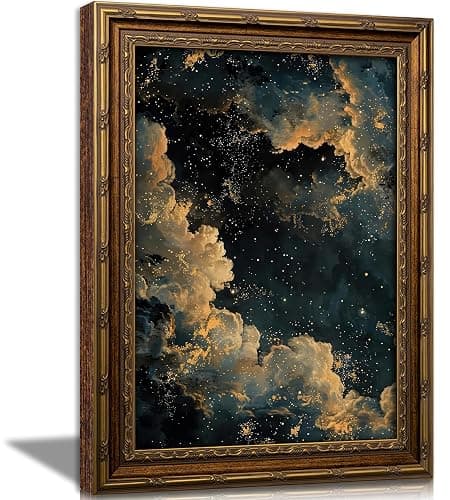 Vintage Gold Framed Moody Celestial Canvas Wall Art Retro Cloud Abstract Night Sky Stars Art Painting Picture Wall Decor Maximalist Gothic Poster Print Artwork for Living Room Bedroom - Image 1