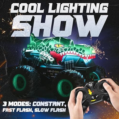 BEZGAR Monster Truck Toys，1:20 Remote Control Car with Light & Music | Green Dinosaur Toys for Kids,RC Truck with 360° Spins and Drifting, Toy Car Gifts for Boys, Battery Life of 20 Minutes thumbnail 5
