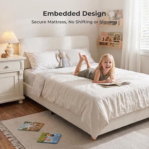 BERRY NEST Full Size Cloud Bed Frame, Upholstered Boucle Bed Frame with Adjustable Headboard, Solid Wood Legs, Rounded Corners Design & Easy Assembly – Modern Platform Bed,Cream thumbnail 2