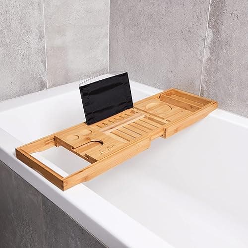 Lux Bath Extendable Bath Caddy | Hands-free Bath Tray to Safely Hold Your Tablet, Phone, Wine Glass and Candles | Fits Any Standard Bath | Non-slip, Water-resistant, and Made from Natural Bamboo thumbnail 9