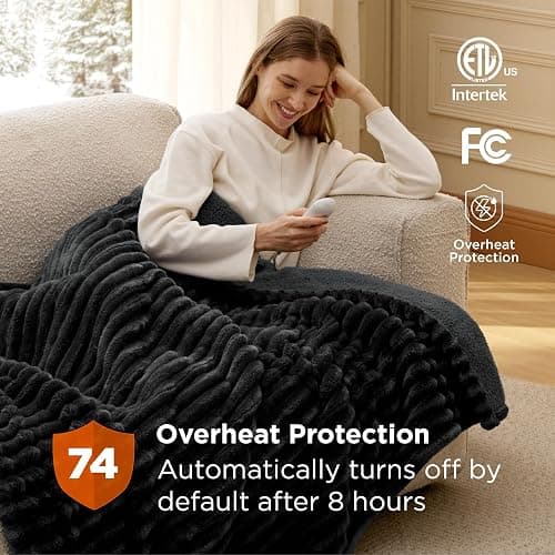 Bedsure Heated Blanket Full Size - Thick Striped Fast Heating Electric Blanket with Preheat Function, 6 Heat & 6 Timer (Up to 10H), 8H Auto Off, ETL Certified, Gift for Grandma (72"x84", Black) thumbnail 4