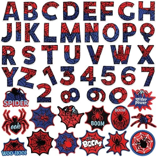 Wavwavw 50 Pcs Spider Iron on Patches Christmas Iron on Patches Blue and Red Letters Embroidered Applique Spiderweb Letter Spider for Clothes Hats Backpacks Jackets Accessories - Image 1