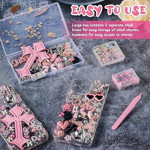 XHYMIA Junk Case Charms Kit, Junk Phone Case with Big Charms, Nail Bow Pearl Flatback Resin Charm for DIY Crafts thumbnail 4