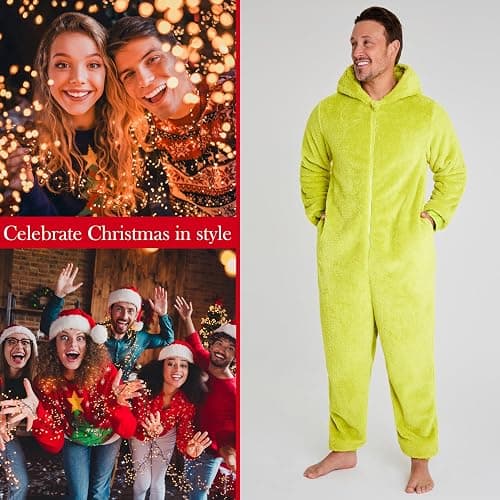 The Grinch One Piece Pajamas for Women, Fleece Jumpsuit With Santa Hat, for Kids, Teens, Adults thumbnail 2
