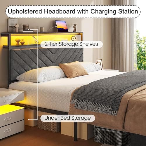 Fluest Queen Bed Frame with Storage Drawers, Upholstered Headboard with Charging Station, LED Lights, Fabric Drawers with Wheels, Under Bed Storage, No Box Spring Needed, Easy Assembly, Grey thumbnail 3