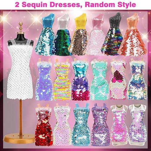 BARWA 11 Sets Doll Clothes Including 2 Sequins Dresses 5 Mermaid Floral Dresses 4 Casual Outfits Tops and Pants for 11.5 inch Girl Dolls thumbnail 2