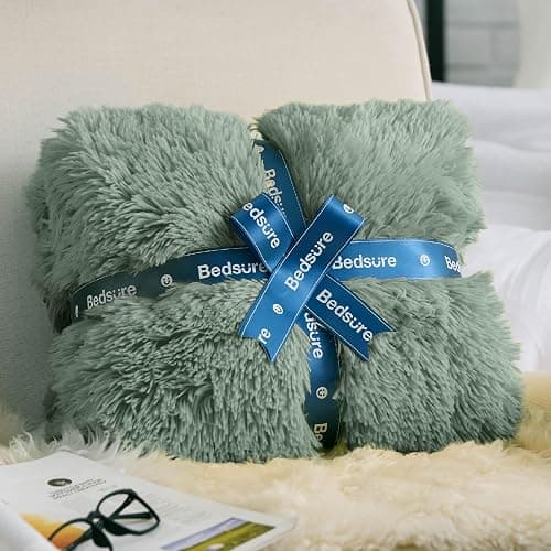 Bedsure GentleSoft Fuzzy Sherpa Faux Fur Twin Blanket Sage Green Cozy Gifts for Women Men, Soft Fleece Plush Warm Minky Thick Blanket Twin Size for Bed, Dorm Essentials Sage Room Decor Gifts, 60x80 thumbnail 8