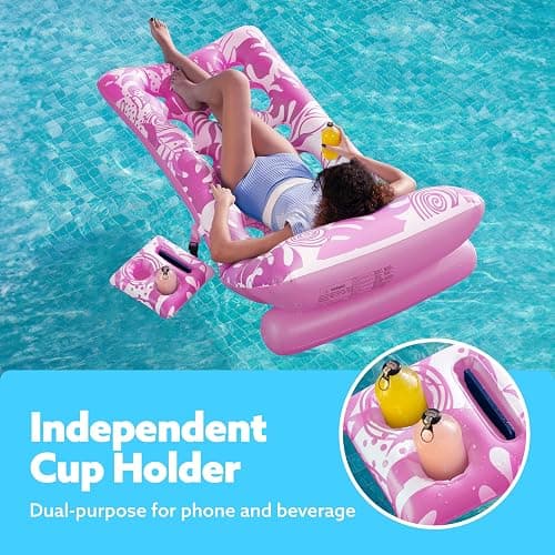 SLOOSH Adjustable Backrest Pool Floats - Tropical Leaves Pool Lounger Floaties Adults with Cup Holders, Inflatable Tanning Float Rafts Chair Beach Lake Lounge Floating Above Water Keep Cool (Pink) thumbnail 6