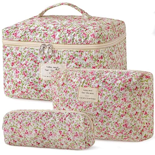 HBselect Quilted Makeup Bag, 3PCS Cotton Large Travel Makeup Bag, Cute Floral Coquette Make up Bag Cosmetic Bag Toiletry Bag for Women Girls - Image 1