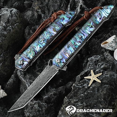 DRACHENADER Damascus Pocket Knife, 8.97" Tanto Folding Knife Handmade Forged VG10 Core 67-Layer Damascus Steel with Abalone Seashell Handle, Leather Sheath thumbnail 2