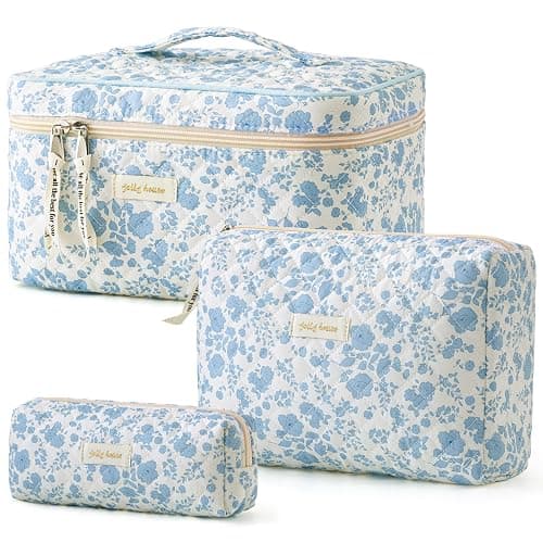HBselect 3 PCS Quilted Makeup Bag, Cotton Large Travel Makeup Bag, Cute Floral Coquette Make up Bag Cosmetic Bag Toiletry Bag for Women Girls - Image 1