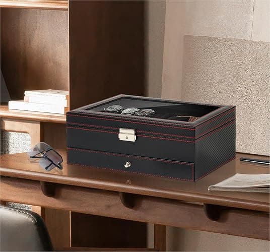 Kukikan Watch Jewellery Box Organiser, Watch Case and Sunglasses Storage with Large Glass Lid, 6 Slots and 2 Layers, Men's Jewellery Box with Lock, Watch Holder Display Case, Gift for Men Women thumbnail 3