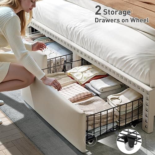 EnHomee Full Size Bed Frame with 2 Drawers, LED & Charging Station, Beige | 2-Tier Storage Headboard, heavy duty 1000lbs wooden slats for bedroom & apartment, noise-Free, Easy Assembly thumbnail 3