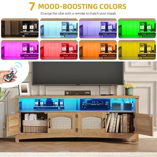 DWVO Farmhouse TV Stand for 65 inch TVs, LED Entertainment Center with Storage, TV Console with Power Outlets, Wooden Bar Coffee TV Table with Shelves for Living Room (Oak) thumbnail 4