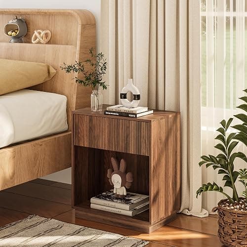 Fluted Nightstands Set of 2, Modern Bedside Table with Storage Drawer and Open Wood Shelf, Wood End Table Mid Century Night Stands for Bedroom Living Room Sofa Couch Office Walnut Brown thumbnail 3