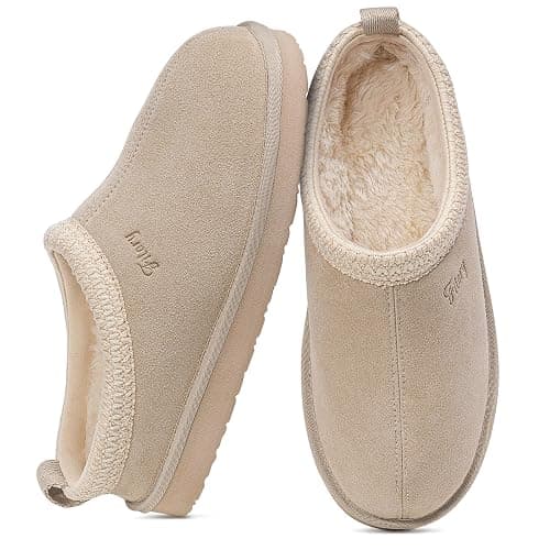 FITORY Women's Suede Slipper, Flat Slip On House Shoes with Faux Fur Lining Indoor Outdoor Short Mini Boots - Image 1