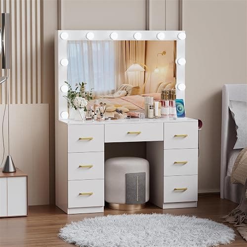 FURNJOYLIFE White Makeup Vanity Desk with Lighted Mirror & Power Outlet,3 Color Modes, Brightness Adjustable,Vanity Table with Drawer,Sliding 2 Storage Wall-Mounted Jewelry thumbnail 8