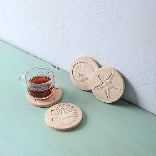 Beach Coasters for Drink Set of 4 Absorbent Nautical Outdoor Housewarming Gifts Marble Style Resin Coaster Cork Base Handmade Starfish Seashell Round Coasters Funny Ocean Sea Summer Theme, 4" x 4" thumbnail 2