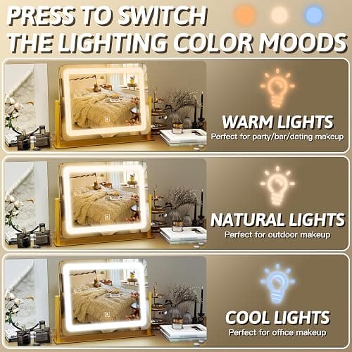 FENNIO Vanity Mirror with Lights, 12" x 16" Lighted Makeup Mirror with Smart Touch Control, 3 Color Modes & Brightness Adjustable, LED Makeup Mirror with 10X Magnification, 360° Rotation （Gold thumbnail 3