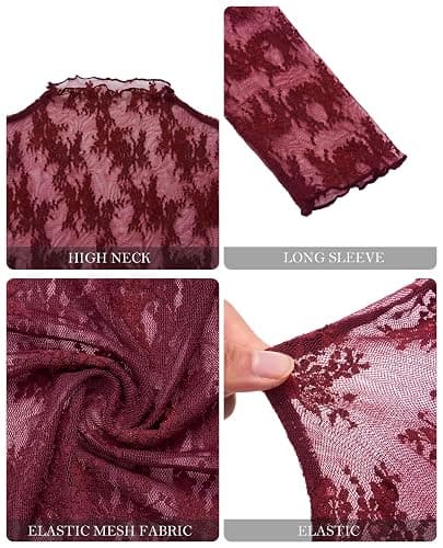 siliteelon Lace Tops for Women Mesh Long Sleeve Top Sheer Lace Shirt Floral Mock Neck Party Club Lace Undershirt thumbnail 4