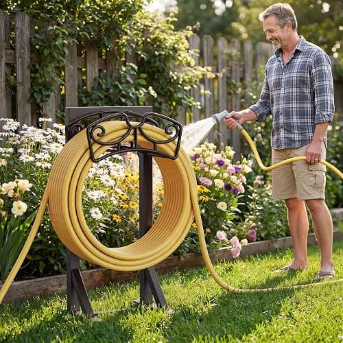 Garden Hose Holder Stand, Freestanding Metal Water Hose Storage Rack with Hooks for Outside Yard Lawn, Heavy Duty thumbnail 2