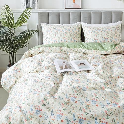 HoneiLife Duvet Dover Queen Size - 100% Cotton Bedlinen Set, Floral Comforter Cover with Zipper Closure & Corner Ties, 3-PC Wildflower Comforter Cover Sets thumbnail 8