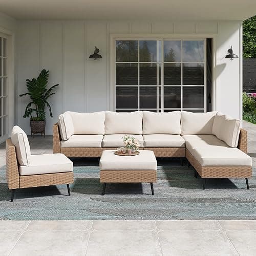 LAUSAINT HOME Outdoor Patio Furniture, 8 Piece Outdoor Sectional Sofa PE Rattan Wicker Patio Conversation Sets,All Weather Patio Furniture Set with Thick Cushions for Garden, Poolside, Backyard(Beige) - Image 1