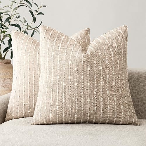 Foindtower Pack of 2 Decorative Jacquard Boucle Throw Pillow Covers Accent Textured Striped Pillowcases Soft Boho Modern Cushion for Couch Sofa Bedroom Living Room Home Decor 20x20 Inch Natural Beige - Image 1