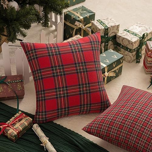 AQOTHES Pack of 2 Christmas Plaid Decorative Throw Pillow Covers Scottish Tartan Cushion Case for Farmhouse Home Holiday Decor Red and Green, 18 x 18 Inches thumbnail 3