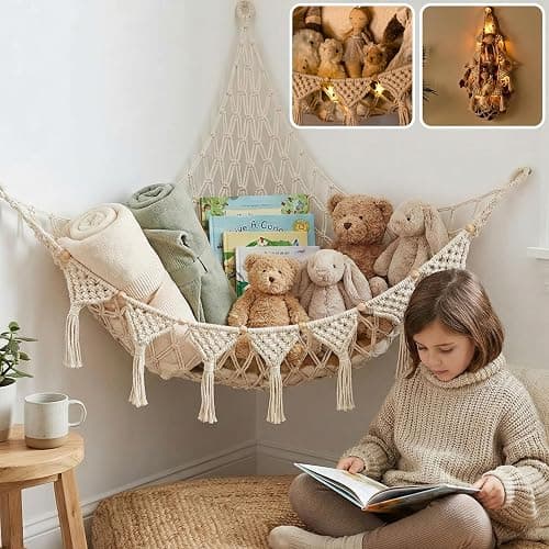 TIDYTEDS Stuffed Animal Hammock Corner | Sturdy Handcrafted Stuffed Animal Net | 4mm Double Macrame Cord Stuffed Animal Holder | Natural 100% Cotton Plushie Net | Toy Hammock w/LED Light (Ice Cream) - Image 1