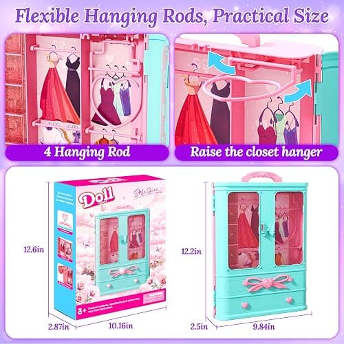 Style Shine 70 Pcs Doll Closet with Clothes & Accessories Including 2 Wedding Gowns 6 Fashion Dresses 2 Casual Outfits 2 Swimsuit 10 Shoes 20 Hangers 27 Accessories,Dress up Toys for Girls Kids Gifts thumbnail 3