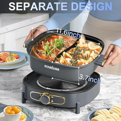 Stariver Hot Pot Electric with Divider, Large 6L Nonstick Double-Flavor Electric Shabu Shabu Pot, 1500W Hotpot with 3 Power Settings, Perfect for Family Dinners & Parties thumbnail 2