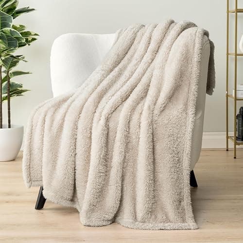 PAVILIA Sherpa Throw Blanket for Couch Sofa, Cream Beige Fluffy Warm Plush Blanket for Bed, Cozy Super Soft Lightweight Throw, Fuzzy Decorative Blanket, All Season Home, 50x60 thumbnail 3