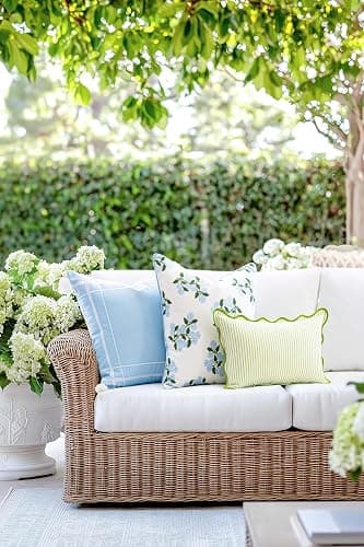 Hofdeco Premium Coastal Patio Indoor Outdoor Scalloped Lumbar Pillow Cover Only, 12"x20" Water Repellent for Backyard, Couch, Green Print Stripes thumbnail 3