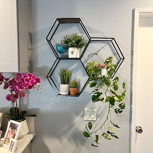 Admired by Nature 3 Tier Floating Shelves Wall Mount Shelf, Farmhouse Shelf for Wall Decor, Display Shelf, Hexagon, Honeycomb Rustic Wood Wall Mounted Organizer for Home Decor, 1 Unit thumbnail 2
