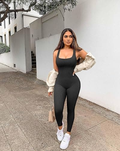 YIOIOIO Womens Workout Ribbed Jumpsuit Yoga Square Neck Leggings Romper | Squat-Proof, Tummy Control, Butt Lifting, Full Length, Seamless Design, 4-Way Stretch thumbnail 2