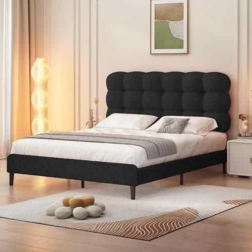 BarnFurin Queen Bed Frame, Platform Bed with Soft Boucle Upholstered Headboard, Two Bed Forms Design, Wooden Slats Support, No Boxing Spring Needed, Easy Assembly, Black - Image 1