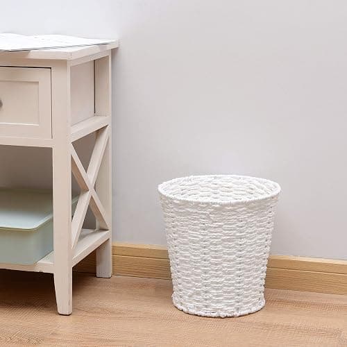 Zuvo Round Wicker Waste Paper Bin and Basket- Rubbish Basket for Bedroom, Bathroom, Offices or Home (White) thumbnail 2