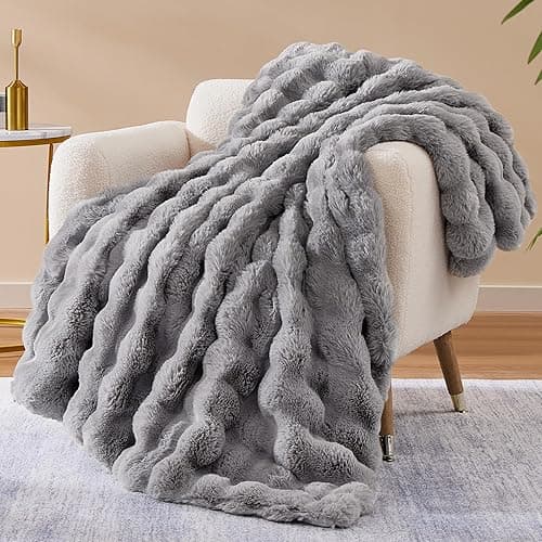 CozyBloom Luxury Soft FauxFur Throw for Couch - Decorative Cozy Plush Long Shaggy Fluffy Grey Solid Comfy Fleece Furry Reversible Puffy Thick Warm Blanket - 50''X60'' (JF003) - Grey - Throw-50" x 60" - Image 1