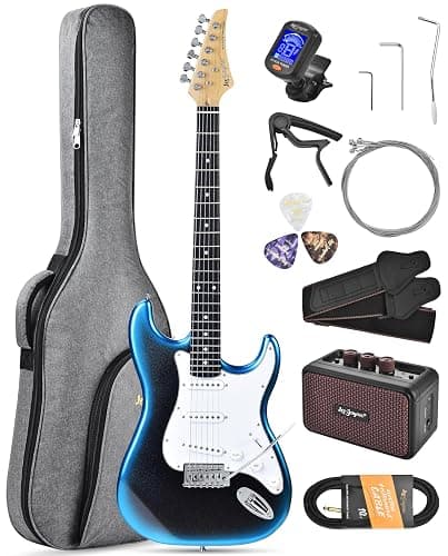 Leo Jaymz Beginner Electric Guitar Complete Kit with Portable Amp, Padded Gig Bag & Full Accessories, Maple Neck SSS Pickups (Blue-Black Fade) - Image 1
